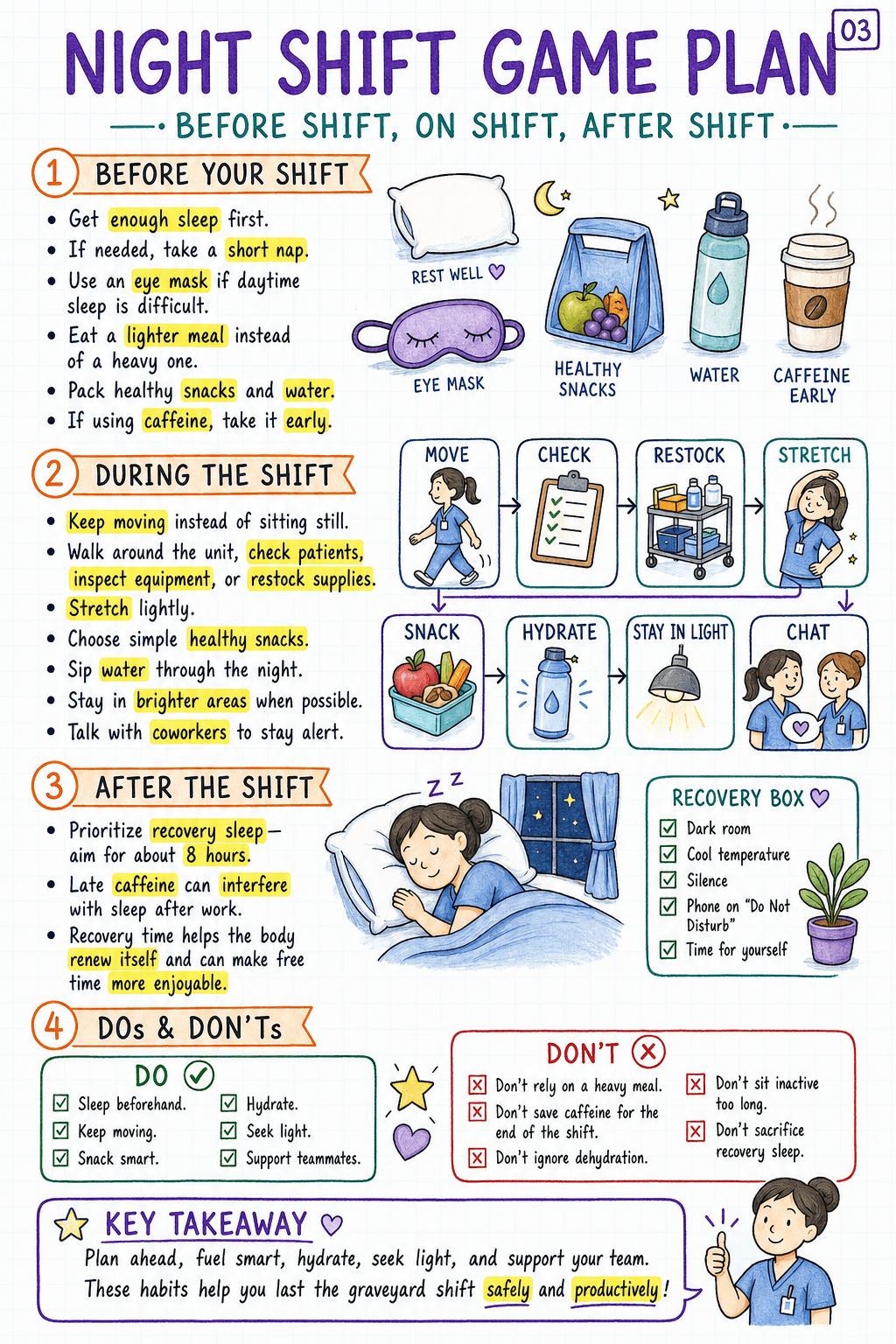 Handwritten night shift nursing tips page